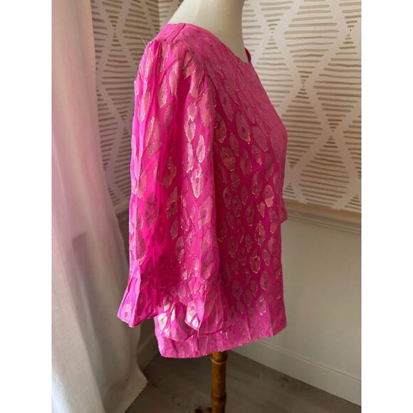 Lilly Pulitzer Medium Francis Flounce Silk Raz Berry Leopard Metallic Top Blouse - Picture 6 of 8
